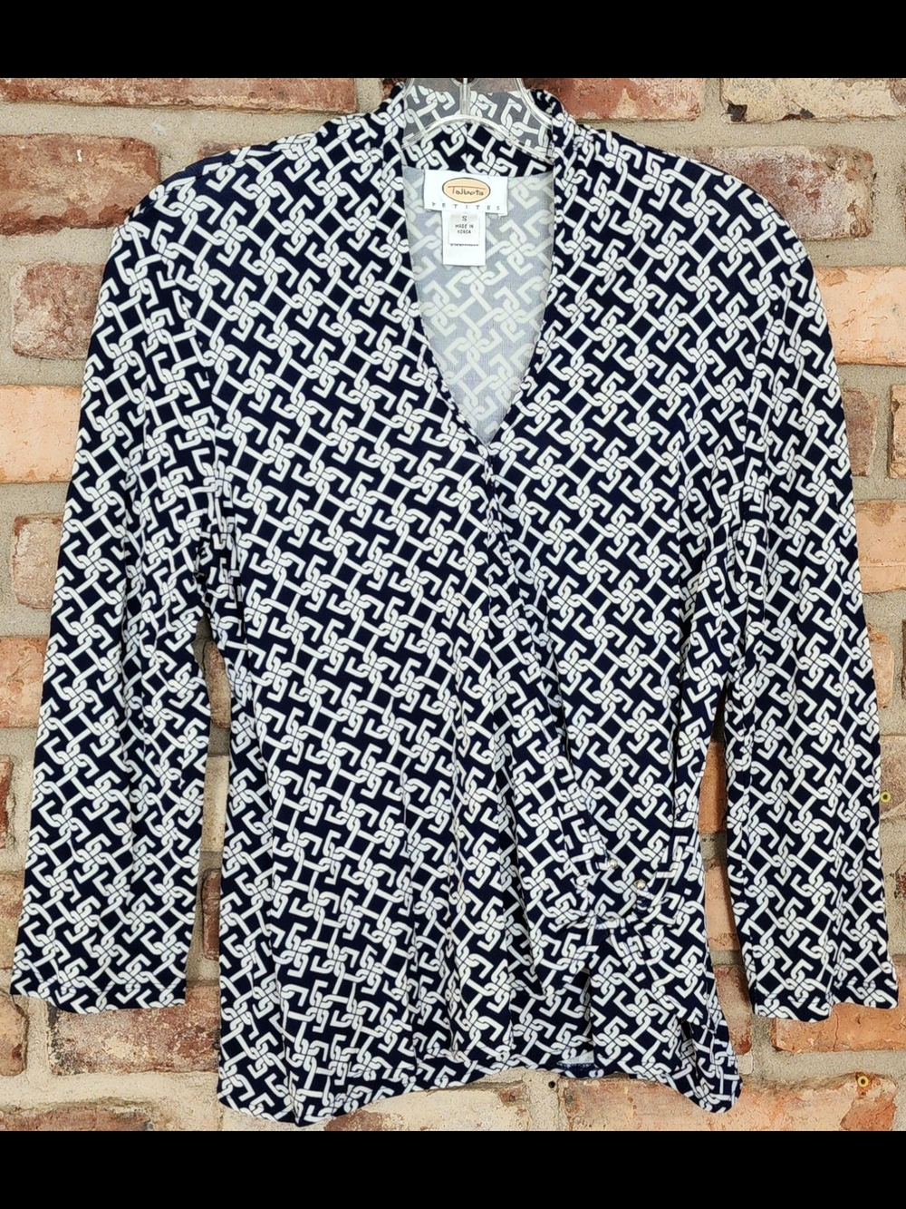 Talbots Navy and White Geometric Petite Top